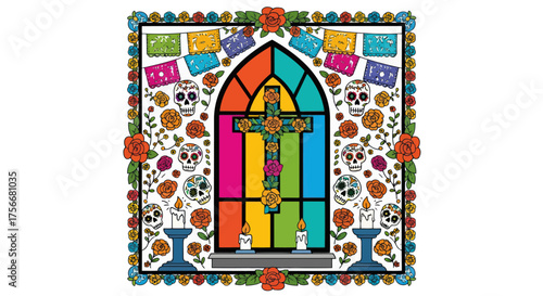Vibrant stained glass gothic window adorned with festive papel picado floral garlands and candle holders celebrating day of the dead traditions vector