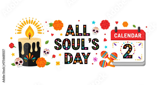 All souls day festive banner design featuring a lit candle pumpkins skulls flowers and calendar marking the second day celebration vector