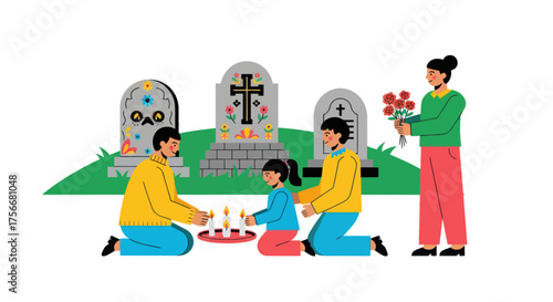 Family gathers at cemetery for remembrance honoring loved ones with flowers and candles at gravesite creating sacred peaceful atmosphere vector