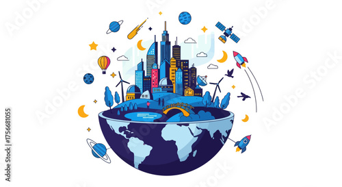 Modern cityscape emerging from globe representing global innovation and technological advancement in a connected world vector