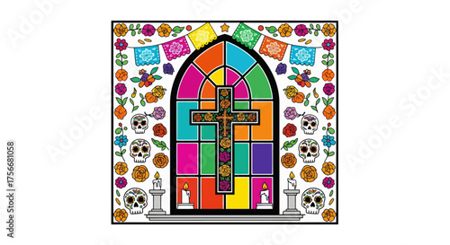 Colorful stained glass window with jesus christ crucifix and festive mexican day of the dead decorations vibrant cultural art vector