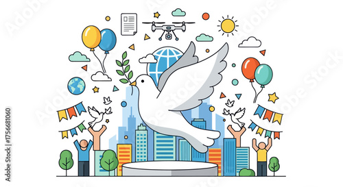 Whimsical dove ascends above vibrant cityscape with balloons and festive banners celebrating joyful moments and unity vector