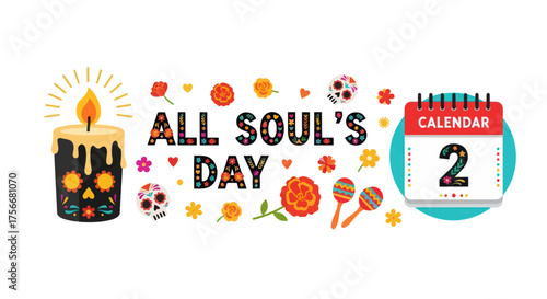 All souls day celebration festive banner with candle skulls maracas sugar skulls pumpkin decorations and calendar marking november 2nd holiday event vector