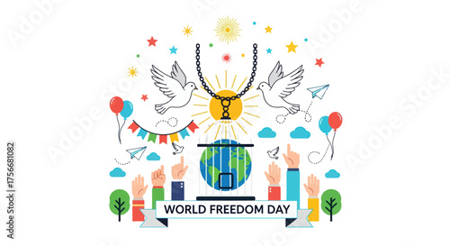 Celebrating world freedom day with diverse symbols of peace hope unity and global connection festive decorations and inspirational imagery vector
