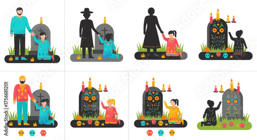 Diverse families visiting halloween decorated gravestones celebrating spooky season together in festive outdoor scenes vector
