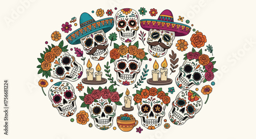 Dia de los muertos skull collage traditional mexican sugar skulls festive floral decorations colorful celebration elements vector