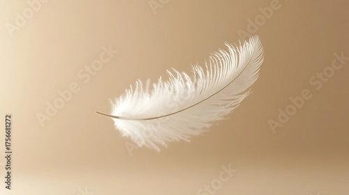 white feather floating on beige background