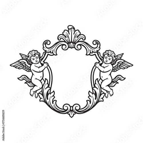 Baroque Frame with baby Cherubs Angels Supporters and Blank Shield Engraving - Religious or Love Symbol