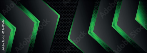Dark abstract background with honeycomb design and glowing green geometric shapes. Modern and futuristic background concept for banners, websites, and social media. EPS. 4