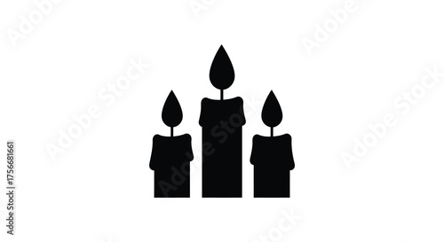 Three black candles of varying heights with flickering flames depicted in a stark silhouette against a white background silhouette