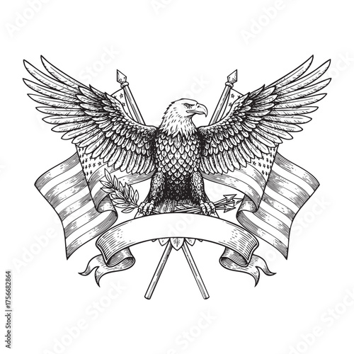 Vintage Engraved Patriotic Eagle with American Flags and Blank Ribbon Banner Illustration