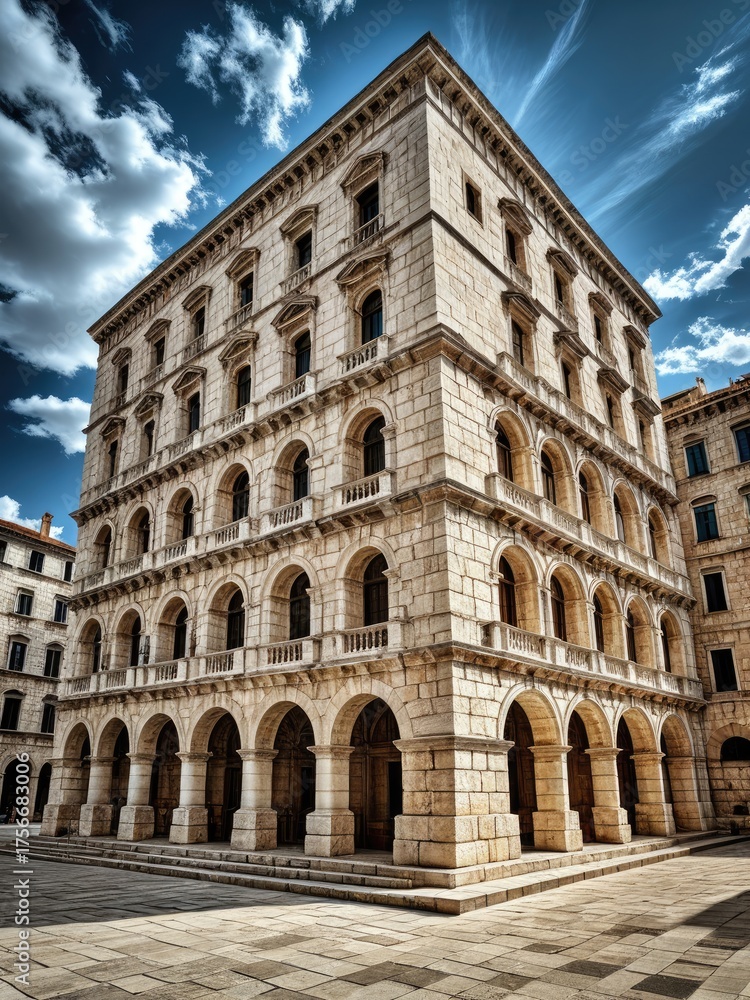Obraz premium Majestic stone building with arched windows under cloudy blue sky