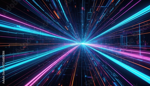 Wallpaper Mural Colorful digital tunnel with bright blue light bursts from center. Glowing lines Torontodigital.ca