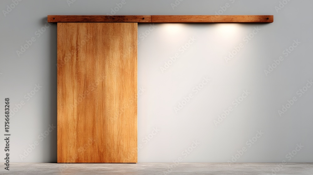 Naklejka premium Wood barn door slides open on a track above a concrete floor.