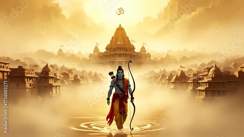 Lord Rama Walking Towards Ayodhya Temple, Depicting Divinity and Architectural Grandeur in a Golden Hued Landscape