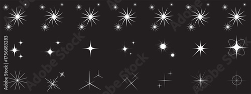 Glowing light bursts with sparkles. Glow light effect set, lens flare, explosion, glitter, line, sun flash, spark and star. Abstract image of lighting flare and white stars. Vector illustration. EPS10