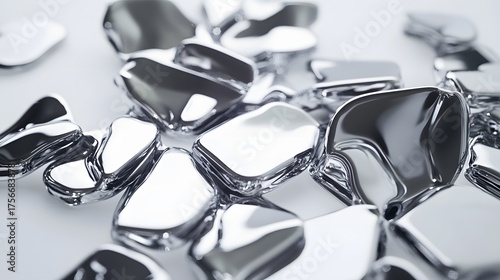 Shiny metallic liquid drops form a scattered abstract pattern.