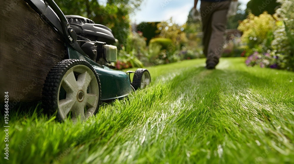 Fototapeta premium A person walks behind a lawnmower, trimming a lush green garden.