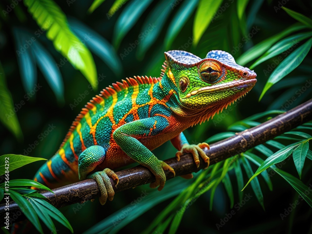 Obraz premium Colorful chameleon rests on a branch, surrounded by lush green foliage