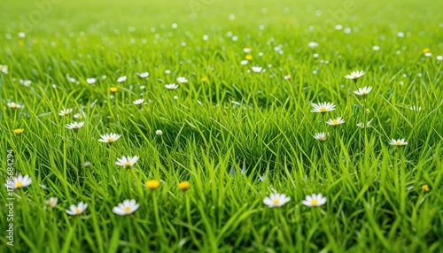 Fototapeta Naklejka Na Ścianę i Meble -  Lush green meadow, dotted with delicate white and yellow wildflowers, a sunny day