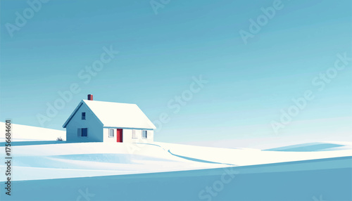 Minimalist winter house under bright blue sky. Peaceful white home in snowy landscape. Winter solitude with small cozy house. Tranquil snow field and white cabin view