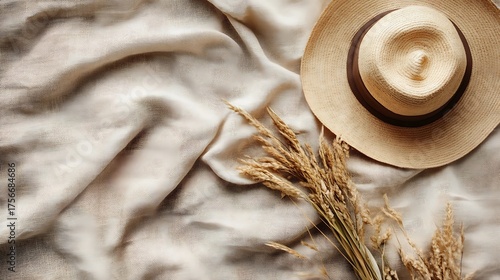 Straw Hat and Dried Wheat on Soft Beige Fabric, Flat Lay top View Angle
