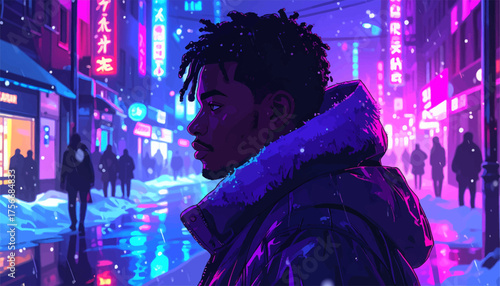 Portrait of man in neon cyberpunk city street. Futuristic man under neon lights at night. Modern city man with purple neon reflections. Stylish man walking in glowing cyberpunk city
