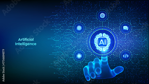 AI. Artificial Intelligence technology. Digital brain. Neural network. Machine learning. Big data. Background with circuit board connections and tech icons. Hand pressing button. Vector Illustration.
