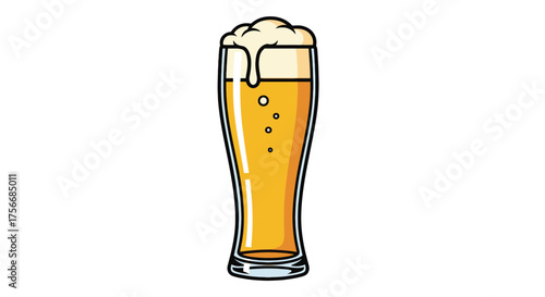 Vector  illustration of a tall pilsner glass filled with golden beer and a frothy head on top shown clearly