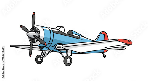 Vector  illustration of a blue and red vintage airplane with propeller and landing gear on display view