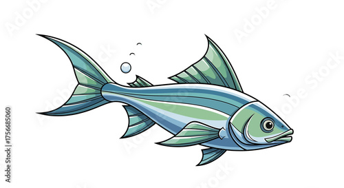 Vector  illustration of a blue and green fish with prominent fins and bubbles above its body swimming