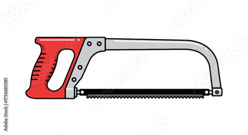 Vector  illustration of a hacksaw with a red handle and a gray frame and a black blade shown clearly