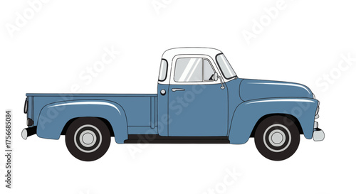 Vector  illustration of a vintage blue pickup truck with a cab, tires, and truck bed on display