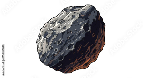 Vector  illustration of a gray asteroid with many craters and some orange glow on the bottom side