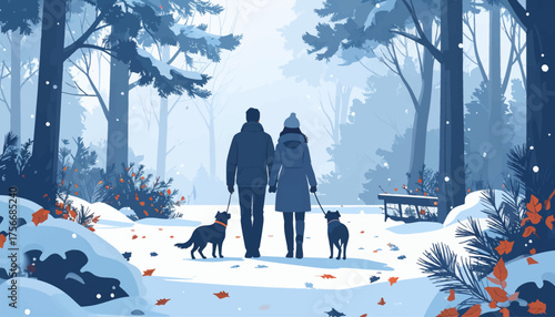 Winter forest walk with couple and two dogs. Snowy park stroll for romantic winter couple. Love and pets on a cold peaceful forest day. Couple holding hands walking dogs in snow