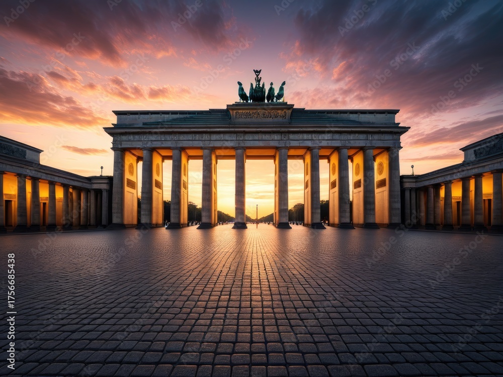 Obraz premium Iconic arch, sunrise glow, illuminating stone facade, majestic structure, European landmark