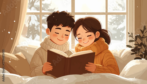 Sweet couple reading one book together. Love and laughter in cozy winter reading. Cute reading couple by snowy window. Warm hearted winter story shared together