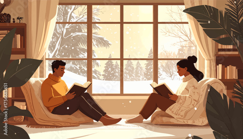 Cozy winter reading time by the window. Couple relaxing indoors with books in winter. Warm living room reading moment in snow. Peaceful winter day with books and love