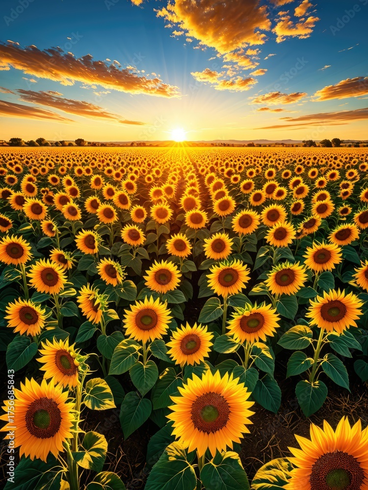 Obraz premium Majestic sunflower field at sunset, golden light illuminating the scene, nature beauty