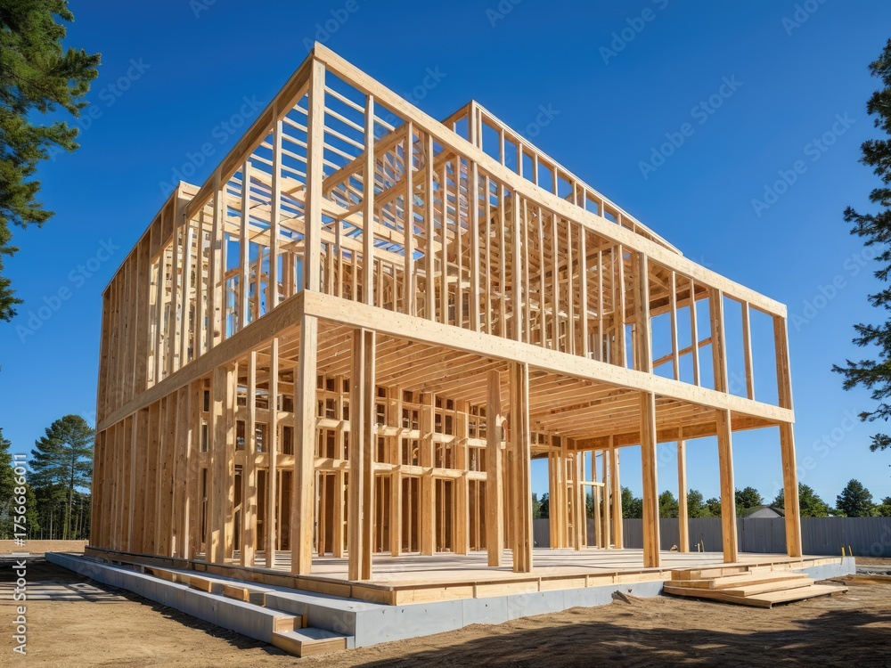 Obraz premium Wooden house under construction with beams and open structure