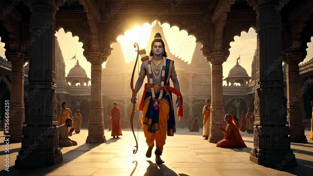 Lord Rama, Embodiment of Dharma, Walking Through Temple in Ayodhya, Depicting Divine Presence and Spiritual Journey