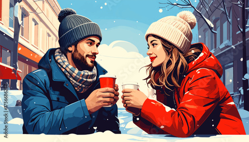 Romantic coffee date in winter. Couple enjoying hot drink outside. Winter love with warm coffee. Cozy moment for two in snow. Couple smiling over coffee outdoors