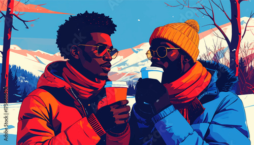 Winter friends sharing coffee outdoors. Cozy chat with hot drinks in snow. Two men enjoying coffee in winter. Warm coffee moment in cold weather. Friendship and coffee in the snow.
