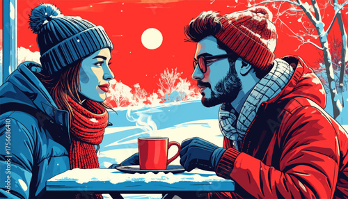 Romantic night coffee date in snowy winter. Couple enjoying evening coffee outdoors. Winter romance under moonlight with coffee. Love and warmth in cold snowy night. Moonlit winter café, cozy couple