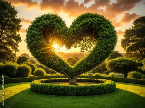 Heart-shaped tree in a beautiful garden, sun shining