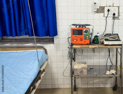 hospital beds with heart monitor at intensive care unit healthcare environment