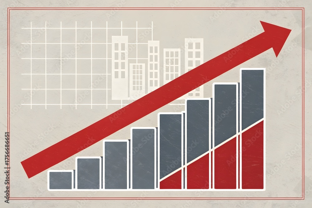 Fototapeta premium Red arrow disrupting upward trend in grey bar chart with cityscape overlay