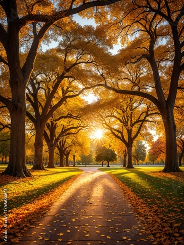 Golden autumn path through trees, sun shining brightly. Leaves scattered on ground