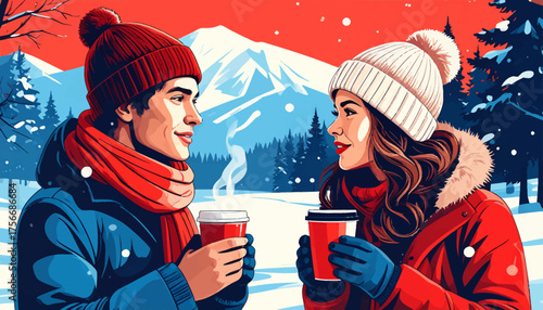 Winter couple enjoying coffee in snowy mountain view. Romantic winter coffee date in mountains. Warm love moments in cold snowy landscape. Couple smiling with hot drinks in winter chill