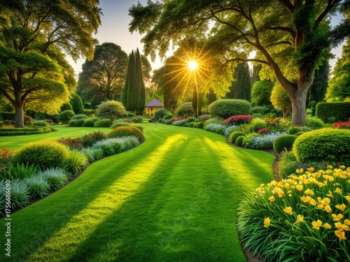 Lush garden scene with sunlit path, manicured plants, trees, and flowers